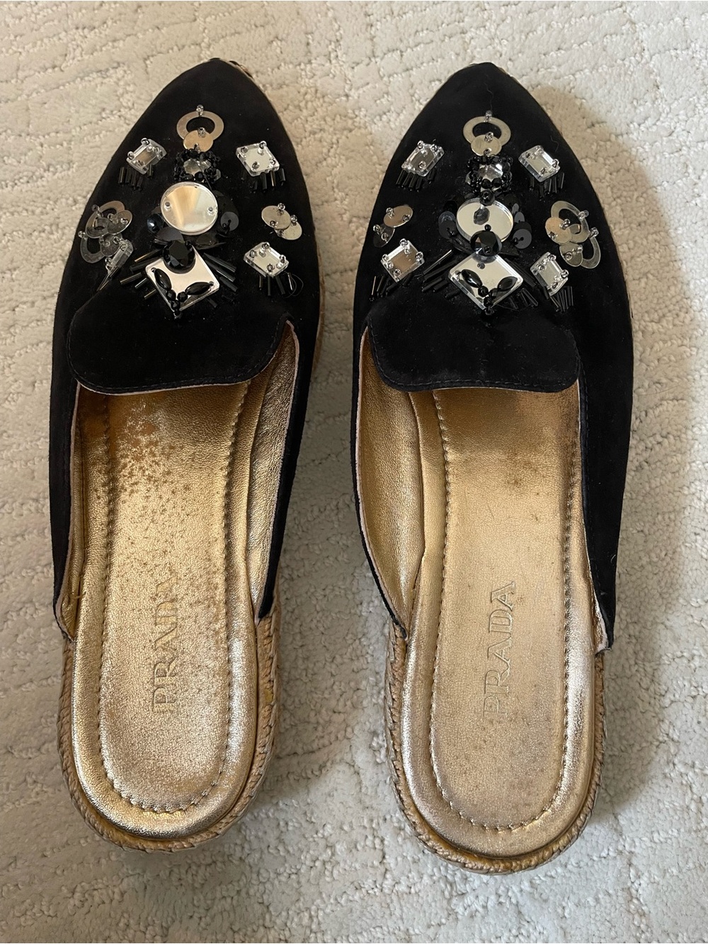 Prada Black Suede Bijou Pointed Toe Mule Shoes Mirror Metallic Accents Summer 10 - Picture 6 of 10